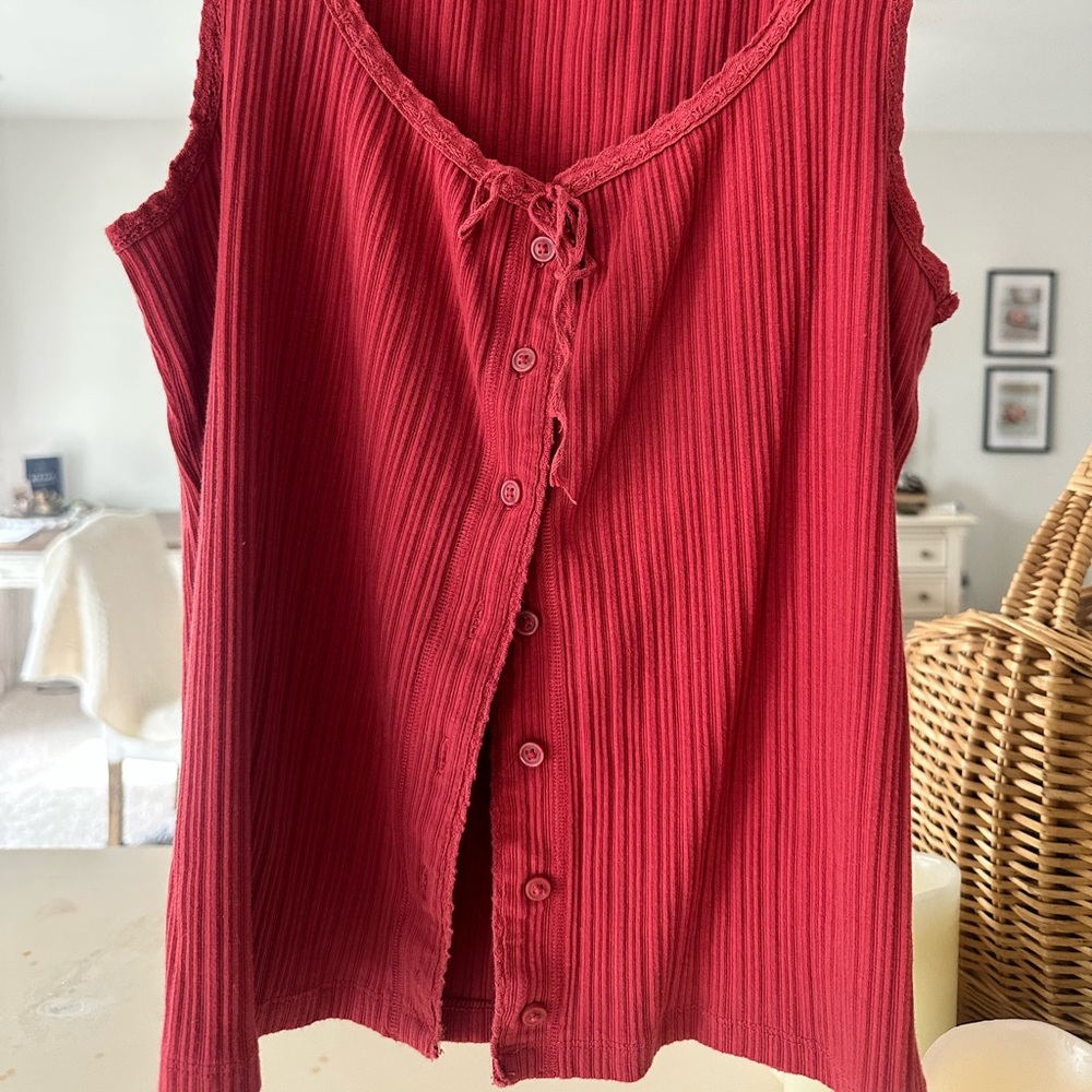 aerie Ribbed Button-Front Red Tank with Tie Neck - Picture 2 of 5